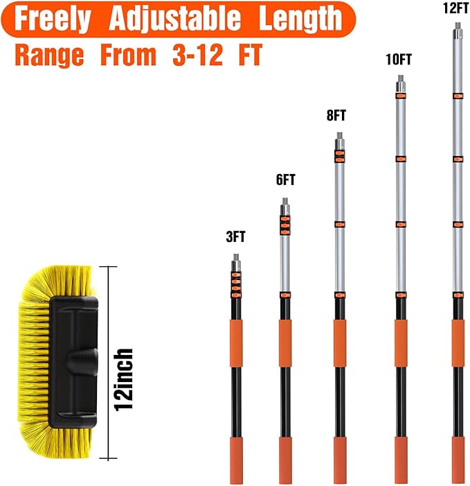 12FT Car Wash Brush with Long Handle Car Cleaning Brush with 12 Inch Soft Bristle Solar Panels Cleaner with Telescoping Pole for RV Truck Boat House Siding