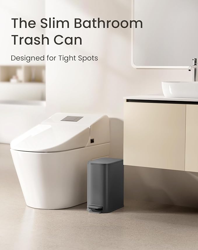 Cesun Small Bathroom Trash Can with Lid Soft Close Step Pedal 5 Liter / 1.3 Gallon Stainless Steel Garbage Can with Removable Inner Bucket Waste Basket for Bathroom Bedroom (Gray)