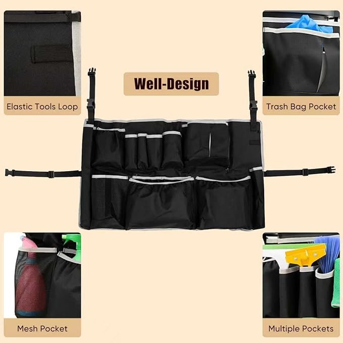 Trash Can Caddy Bag Upgraded Large Cleaning Caddy fits for 32-55 Gallon Garbage Bin Multi-Pocket Garbage Bin Caddy Organizer for House Cleaners &amp Janitorial Duties Gray Edge