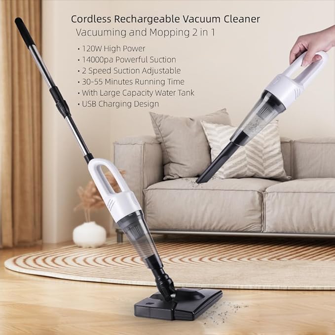 Cordless Stick Wet Dry Vacuum Cleaner with Mop 14000pa Suction Lightweight Stick Vacuum Mop All in One 2 Speeds Adjustable Household Upright Vacuum Cleaner and Mop Combo for Hard Floor Pets (Black)