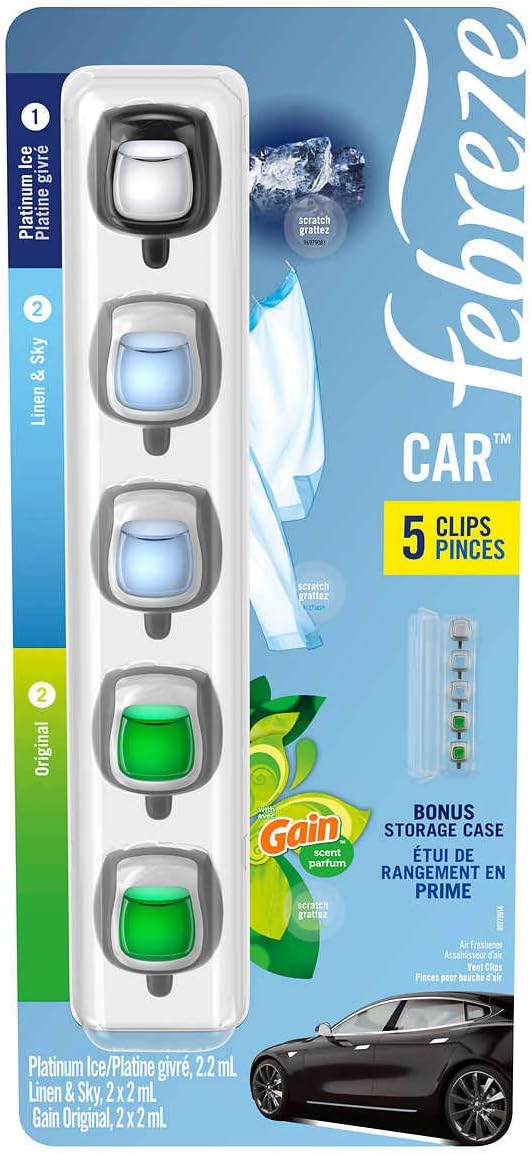 Febreze Car Air Freshener 5 Count Platinum Linen &amp Sky Gain Original Vent Clips