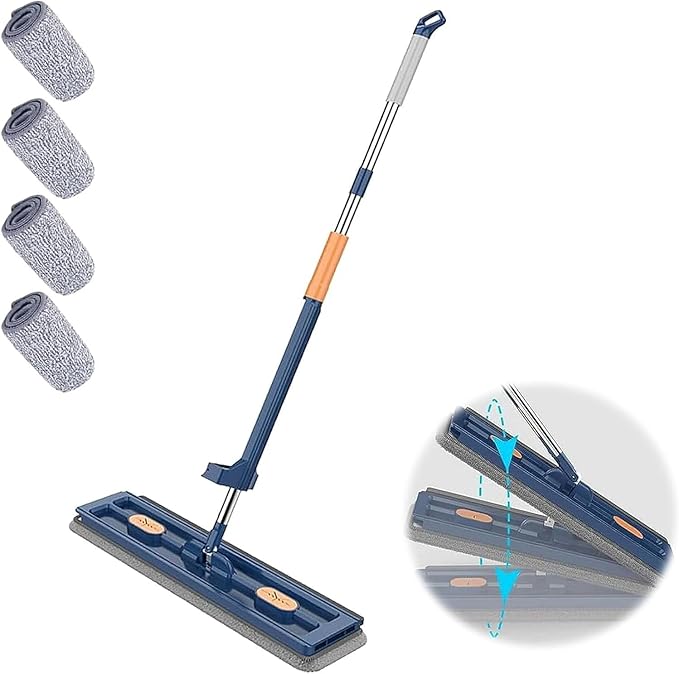 Large Flat Mop - Magic Mop 360° Wall Cleaning with Long Handle Stainless Steel Long Handle with 2/4 Microfiber Pads for Floors Corner Window 12027(Blue Mop+4 Rag)