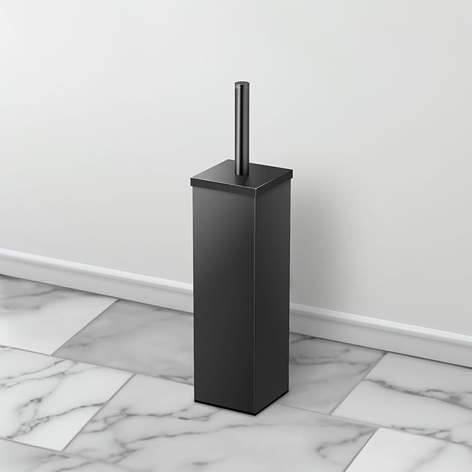 Gatco Small Bathroom Trash Can with Lid and Toilet Brush Set Square 3 Gallon Stainless Steel Wastebasket Under Sink Matte Black for Bathroom Bedroom Office (2972)