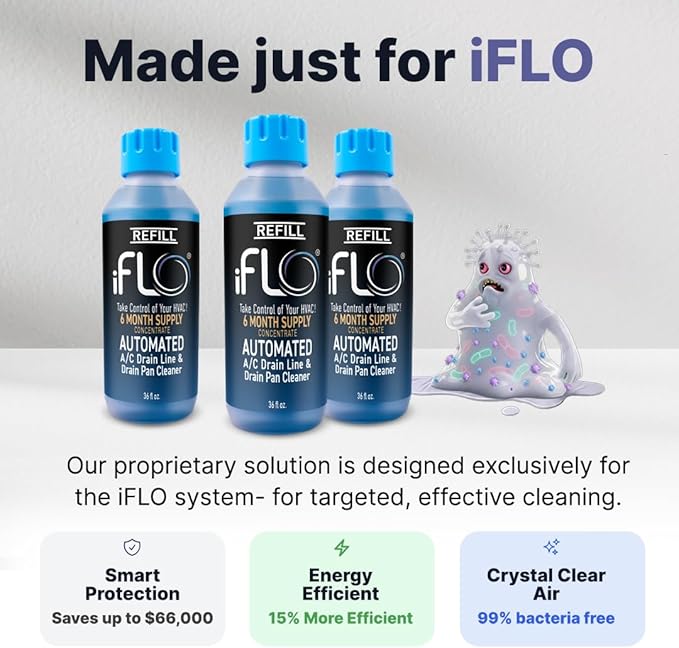 iFLO® Smart A/C Drain Line Cleaner and Drain Pan Cleaner Cartridge Concentrate Fast-Acting Long-Lasting HVAC System Solution for Tough Clogs &amp Buildup 6-Month Supply per Bottle 1 Pack of 36oz