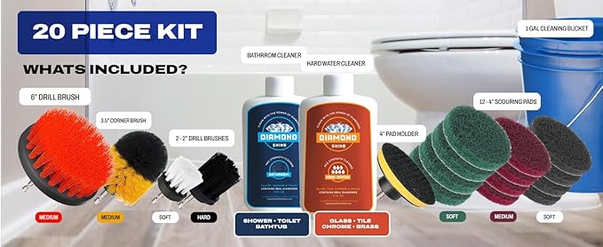 Complete Hard Water Stain Drill Cleaning Kit – 20 Piece Diamond Shine Set with Drill Brushes Bucket &amp lid Scouring Pads &amp Cleaner for Tile Bathroom Hard Water Shower Glass &amp Chrome