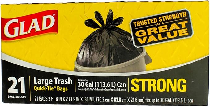 Glad 30 Gal. 3-Ply Strength Strong Large Trash Quick-Tie Bags 21 ct (Pack of 9)