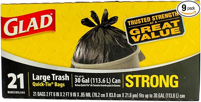 Glad 30 Gal. 3-Ply Strength Strong Large Trash Quick-Tie Bags 21 ct (Pack of 9)