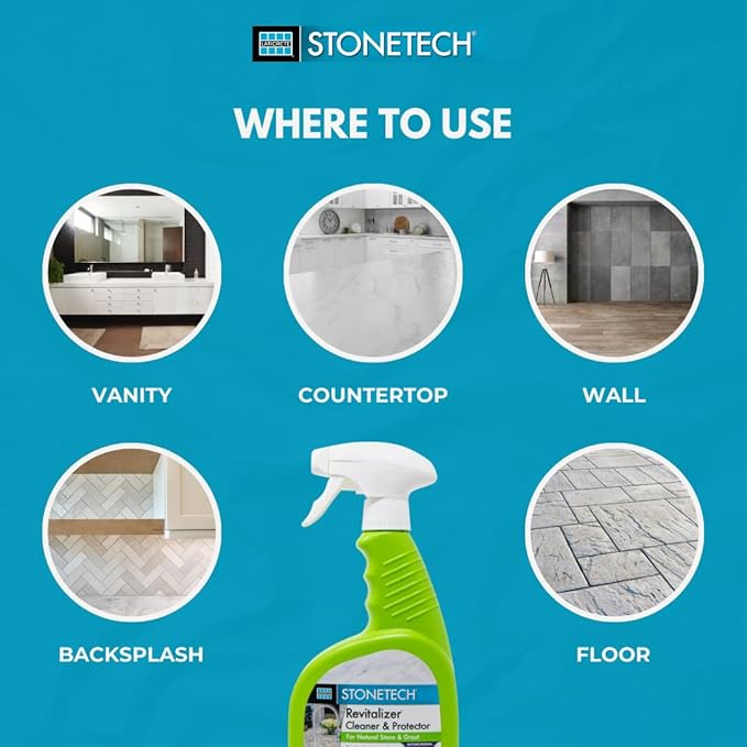 StoneTech Revitalizer Cleaner and Protector | Natural Stone Cleaner | Marble Quartz Granite Countertop Cleaner | 3-in-1 Cleans and Reseals | 2-Pack 24 oz Spray + Microfibers Citrus Scent