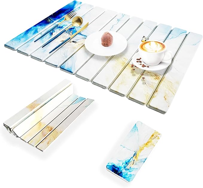Stone Drying Mat for Kitchen Counter - Quick Dry Stone Dish Drying Mat Large Non-Slip Stone Bath Mats for Bathroom &amp Kitchen Sink Foldable Fast Drying Stone Sink Mat (blue gold)