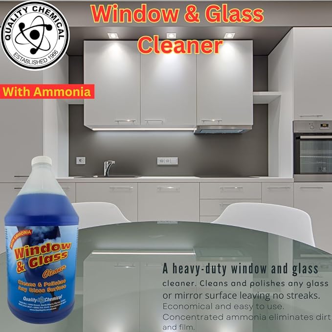 Quality Chemical Window &amp Glass Cleaner - Fortified with Ammonia for Sparkling Film-Free and Dust Resistant Glass Surfaces - Pleasant Fragrance - Ready to Use 128 oz (Pack of 4)
