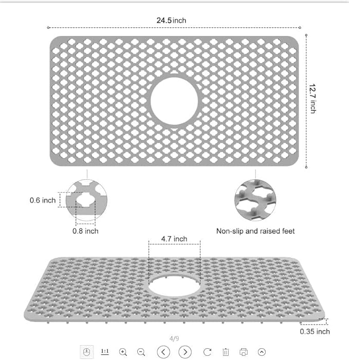 Kitchen Sink Protectors 24x12 Heat Resistant Mat for Stainless/Porcelain Sink No-Slip Grid (Grey)