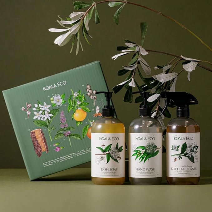 Koala Eco Gift Set of 3 Includes: Kitchen Cleaner Dish Soap Hand Wash Beautifully Packaged - Australian Lemon Eucalyptus Lemon Myrtle &amp Rosemary Essential Oil 16 oz (3 Pack)