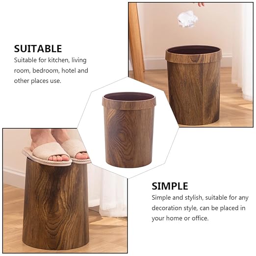 Lurrose Retro Trash Can 10L Imitation Wood Grain Wastebasket with Press Ring Vintage Kitchen Bathroom Garbage Bin for Living Room and Toilet Use