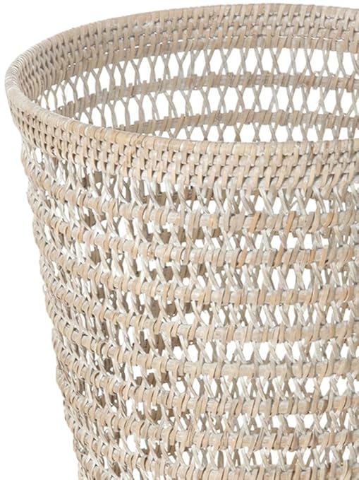 Kouboo La Jolla Rattan Mesh Waste Basket – Round Trash Can for Bathroom Bedroom Office – Boho Wicker Bathroom Storage Small Garbage Bin for Home Decor &amp Storage Basket White Wash