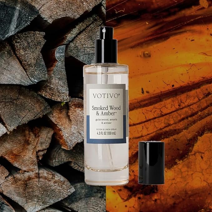 Votivo Smoked Wood &amp Amber 4.3 oz Room &amp Linen Spray | Woody Scented Air Freshener for Linens &amp Living Areas | Premium Long Lasting Fragrance