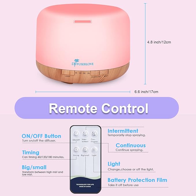 Diffuserlove Diffuser Essential Oil Diffusers 500ML Remote Control Aroma Diffuser Cool Mist Aromatherapy Diffuser with Mute Design Timer and Auto Shut-Off for Office Living Room Yellow