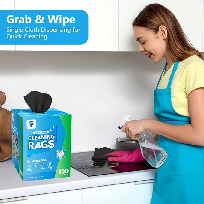 GLIMGLINT Black Microfiber Cleaning Cloth 100 Pack Cleaning Rags Lint-Free Ultra Absorbent Reusable Paper Towels for Home Kitchen Car Garage or Shop Dish Rags 11 x 9