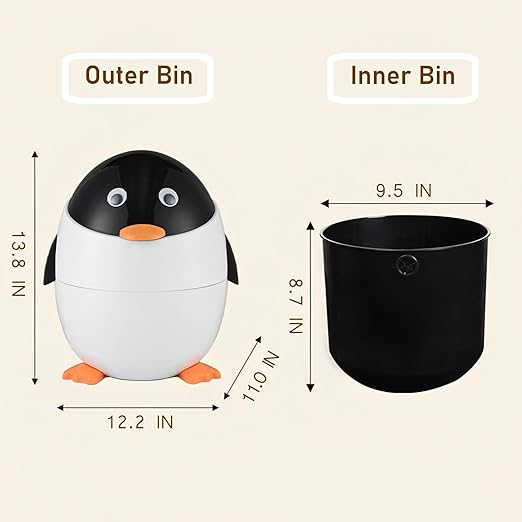 URALFA Penguin Trash Can 3.2 Gallon Kids Trash Can with Removable Inner Bucket Animal Themed Garbage Can Plastic Cute Trash Can for Bedroom Kids Room Nursery Dormitory Bathroom White
