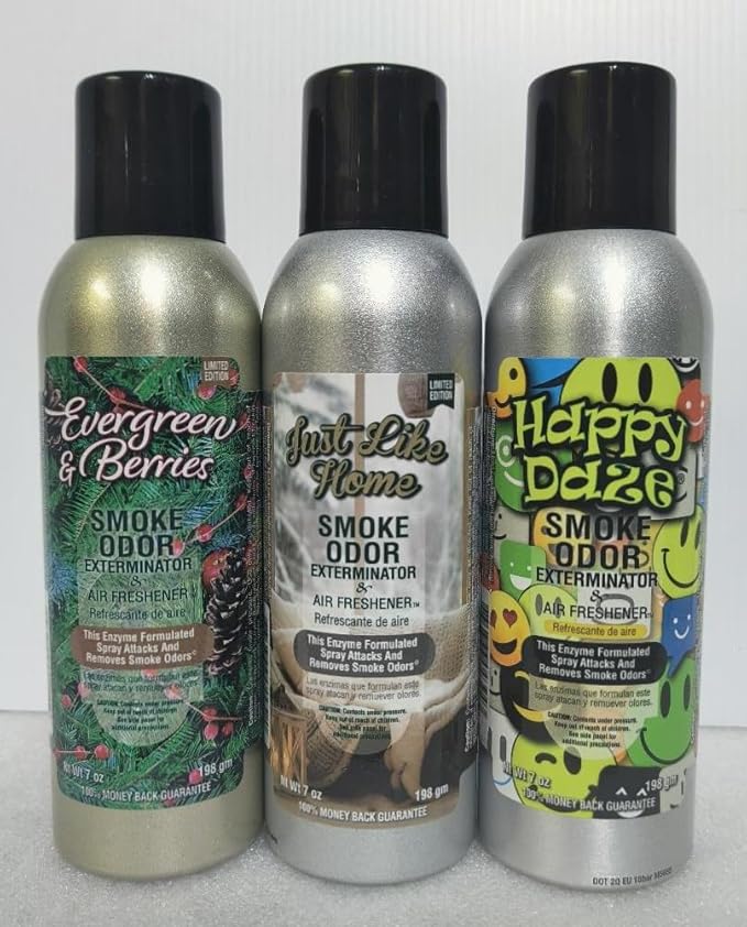 Smoke Odor Exterminator 198 gm/ 7 oz Large Spray Evergreen &amp Berries Set of Three Cans. Assortment (3) Includes Evergreen &amp Berries Just Like Home and Happy Daze.