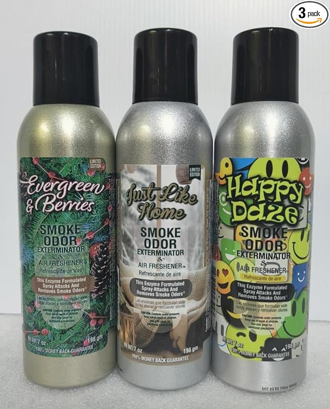 Smoke Odor Exterminator 198 gm/ 7 oz Large Spray Evergreen &amp Berries Set of Three Cans. Assortment (3) Includes Evergreen &amp Berries Just Like Home and Happy Daze.