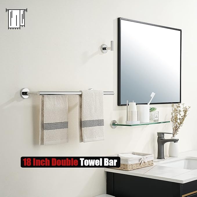 JQK Double Towel Bar Chrome 20.5 Inch 304 Stainless Steel Thicken 0.8mm Towel Rack Bathroom Towel Holder Polished Steel Wall Mount Useable Length 18 Inch 2 Pack TB100L18-CH-P2