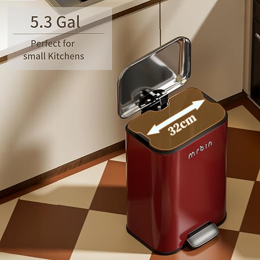 Metal Bathroom Trash Can with Stainless Steel Lid 23l / 6.1gal Covered Step Toilet Waste Basket Soft Close Rectangle Garbage Can with Inner Bucket for Medium Bedroom Near Desk Kitchen Office Red