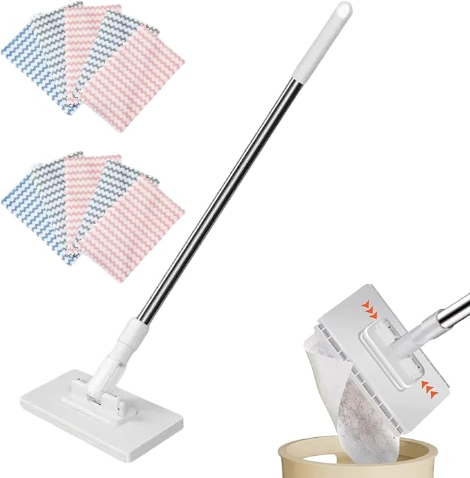The Zero-Touch Mini Mop Zero Touch Mini Mops Disposable Dust Mops with 10 Reusable Cloths 100cm Long Handle Mopping Sweeper Stick for Multi Cleaning (Mop + 10*Cloth)
