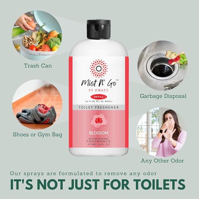 Mist N' Go by OMAZE Bathroom Odor Spray for Toilet Spray Refill Bottle - Multitasking Toilet Spray - Bathroom Spray Odor Eliminator for Strong Odors | Blossom 16oz (1 Pack)