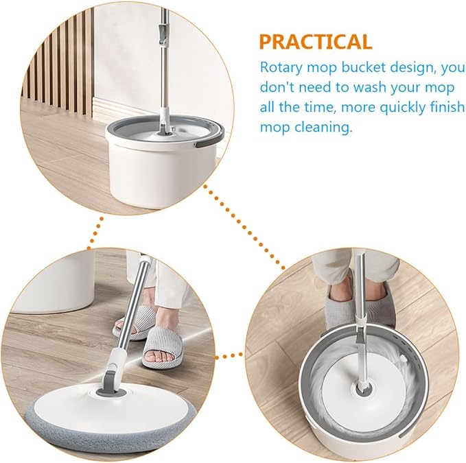 Rotary Mop with Sewage Separation and Free-Hand Wringing Gray-White Handle Round Absorbent Microfiber Head for Laminate and Hardwood Floor Cleaning at Home