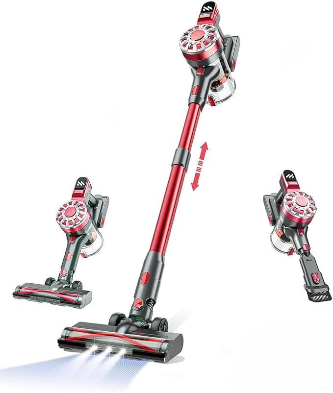 Cordless Vacuum CleaneStick Vacuum Cordless Rechargeable with Super SuctionHardwood Floor Vacuum for Home Pet Hair Carpets Tile(Deep Red)