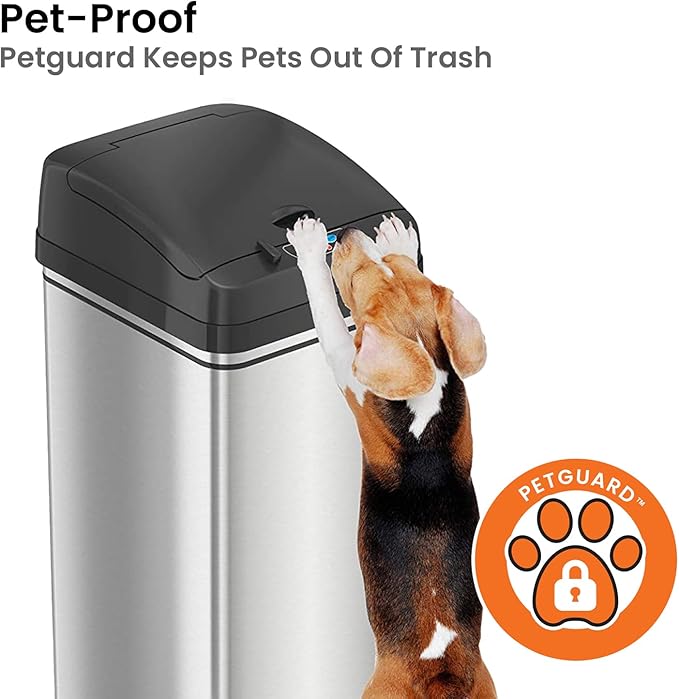 iTouchless 13 Gallon Dog Proof Trash Can with Odor Filter Motion Sensor Stainless Steel Kitchen Trashcan Garbage Bin for Home Office Bedroom Work Living Room Garage Large Capacity Slim Wastebasket
