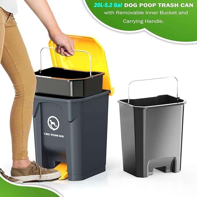 Outdoor Dog Poop Trash Can with Pooper Scooper &amp 60 Free Poop Bags -20 L/5.2 Gallon Dog Waste Trash Can Pet Waste Disposal Station with Inner Bucket - Metal Dog Pooper Scooper Great Dogs
