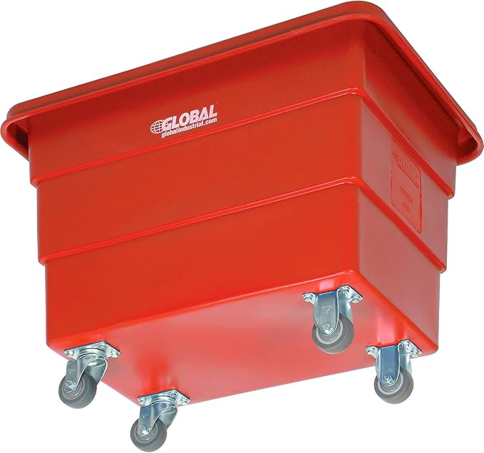 Global Industrial 6 Bushel Plastic Bulk Box Truck Direct Mount Base 500 lbs. Capacity 3 Non-Maring Rubber Casters Red 33-2/5L x 23 W x 24-1/2H