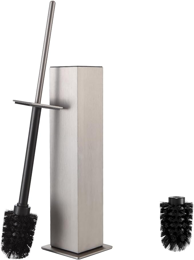 Toilet Brush and Holder Floor Standing Brushed Nickel with 2 Replaceable Heads Freestanding Toilet Bowl Brush with Removable Liner and Splash Guard Modern Square Design