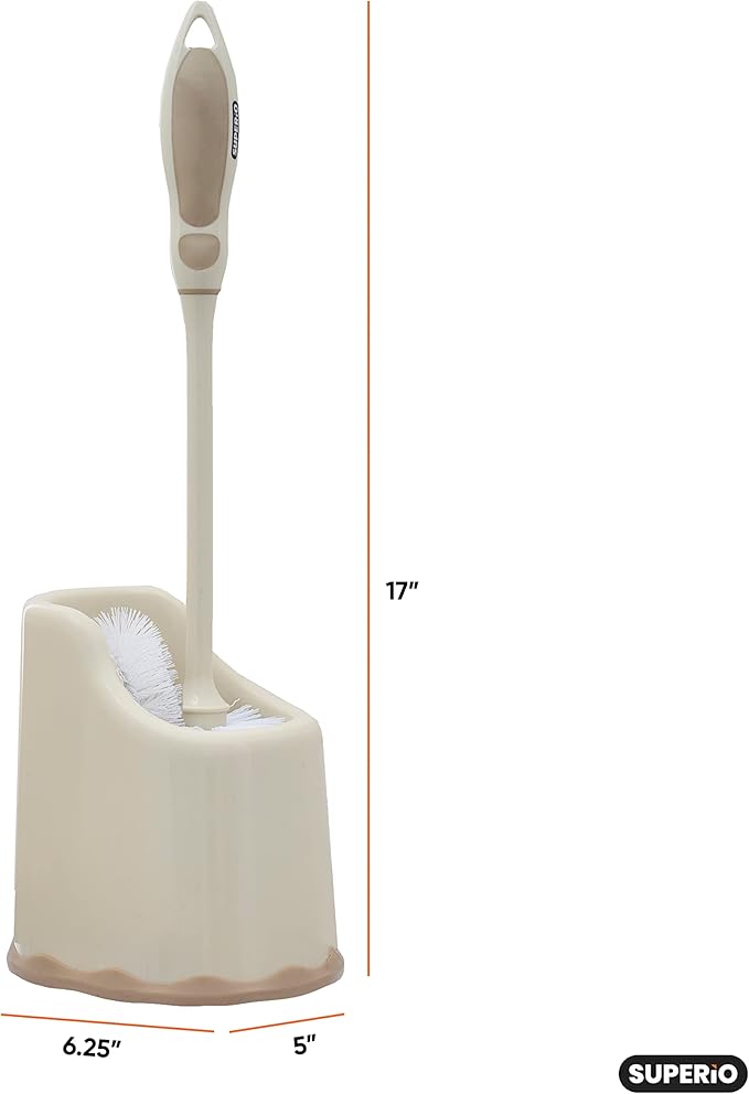 Superio Toilet Bowl Brush and Holder with Under Rim Cleaner for Bathroom Toilet Brush and Caddy with Non Scratch Bristles and Under Rim Lip Brush Beige (2 Pack)