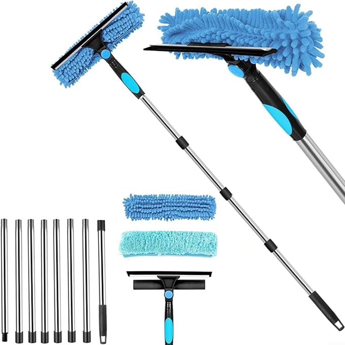 Double-Sided Window Cleaning Tool for Glass Surfaces High-Rise Reach Scraper with Stainless Steel Blade Ergonomic Handle for Easy Use 41 x 14 x 6 cm Silver and Blue(C)