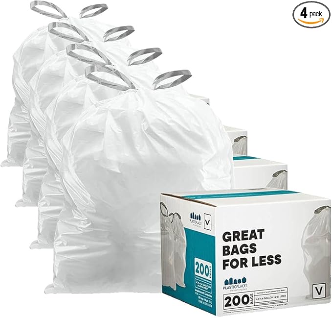 Plasticplace Custom Fit Trash Bags Compatible with simplehuman Code V (200 Count) White Drawstring Garbage Liners 4.2-4.8 Gallon/ 16-18 Liter 14.5 x 27.5 (Pack of 4)