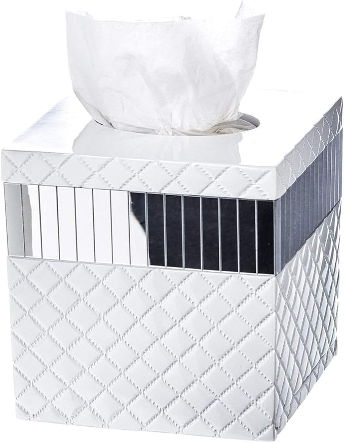 Creative Scents Quilted Mirror White Bathroom Accessories Set - Decorative 6 Piece Bathroom Set Includes: Trash Can Tissue Box Cover Soap Dispenser Toothbrush Holder Tumbler &amp Soap Dish