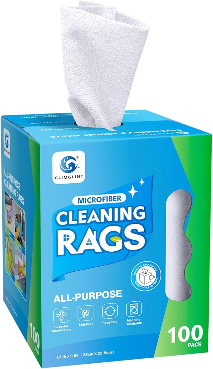 GLIMGLINT White Microfiber Cleaning Cloth 100 Pack Cleaning Rags Lint-Free Ultra Absorbent Reusable Paper Towels for Home Kitchen Car Garage or Shop Dish Rags 11 x 9