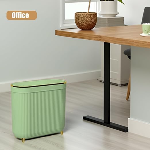 Yatmung Slim Bathroom Trash Can with Lid - Small Plastic Waste Paper Basket - Press-Top Trash Bin for Bedroom Home Office Narrow Space - 3.2 Gallon Decorative Garbage Can - Mint Green with Gold Legs