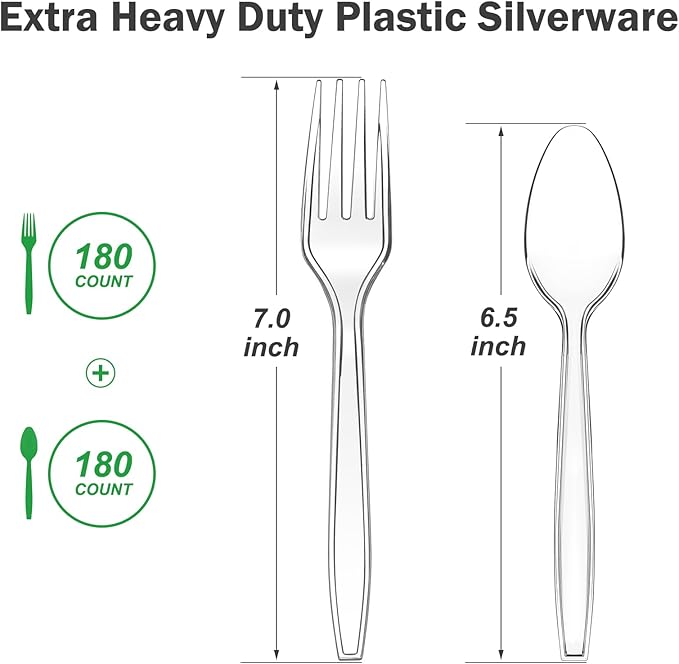 360 Count Extra Heavy Duty Clear Plastic Forks and Spoons 180 Forks &amp 180 Spoons Heat Resistant Disposable Plastic Silverware Set