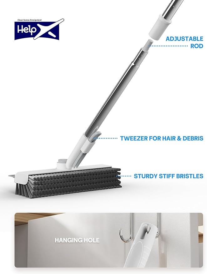 Floor Scrub Brush with Long Handle 3 in 1 Scrape and Heavy-Duty Stiff Bristle Floor Scrubber Brush with Squeegee and Tweezer for Cleaning Tile Wall Deck Bathroom Patio Garage Kitchen (White)