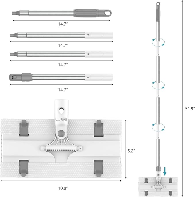 Reusable Microfiber Flat Mop for Floor Cleaning 10.8 in (27.5 cm) Aluminum Base with 52 in Aluminum Handle Includes 4 Washable Pads for Wet &amp Dry Use – LJGG (Gray/Yellow)