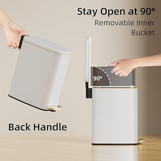 Small Bathroom Trash Can with Lid Soft Close Step Pedal 6L / 1.6 Gal Stainless Steel Garbage Bin with Removable Inner Bucket Slim Wastebasket for Narrow Spaces (White)