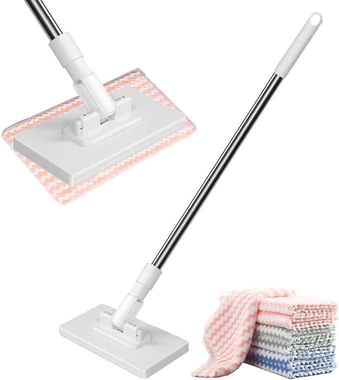 Snap Grip Mini Mop Reusable No-Wash Retractable Gap Dust Cleaner Flat Mops 100cm Long Handle with Locking Head &amp 10pcs Sweeping Cloths for Multi Surfaces Dry &amp Wet Cleaning