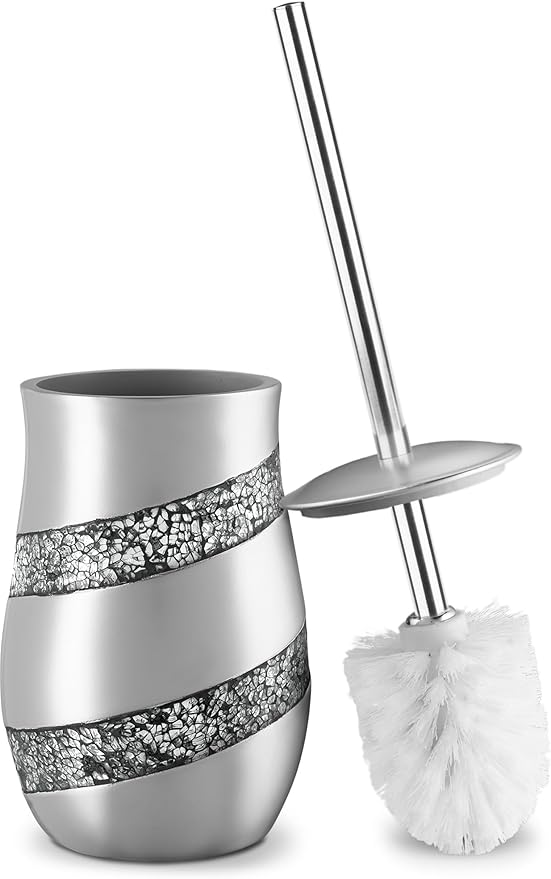 Creative Scents Silver Mosaic Toilet Brush and Holder Set - Toilet Bowl Brush and Holder Sturdy Toilet Cleaner Brush with Stainless Steel Handle Bathroom Toilet Scrubber Brush with Decorative Holder