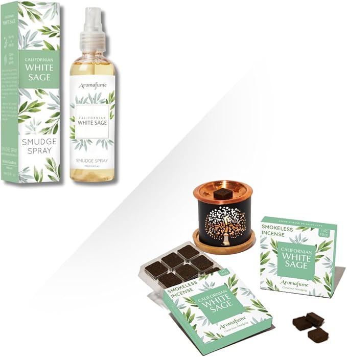 White Sage Incense Bricks (2) Tree of Life Burner &amp White Sage 100ml Smudge Spray