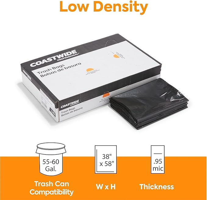 Professional 55-60 Gallon Trash Bag 38 x 58 Low Density 0.95 mil Black 100 Bags/Box