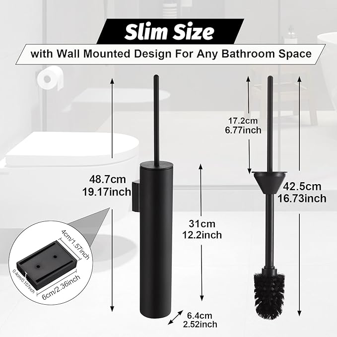 BGL Toilet Brush and Holder Set Matte Black Wall Mounted for Bathroom Round Design