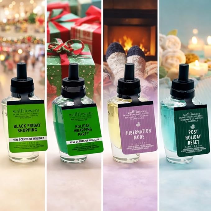 Bath &amp Body Works Winter Holiday Vibes Collection Wallflowers Refill – BLACK SHOPPING FRIDAY HOLIDAY WRAPPING PARTY POST HOLIDAY RESET and HIBERNATION MODE 4-piece Gift Set – 0.8 fl oz each
